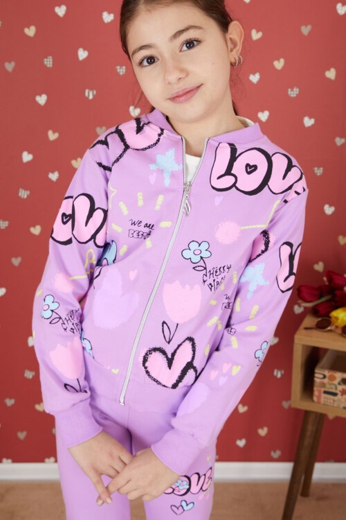 Lila Love Baskılı Hırkalı Kız Çocuk 3lü Takım 17418