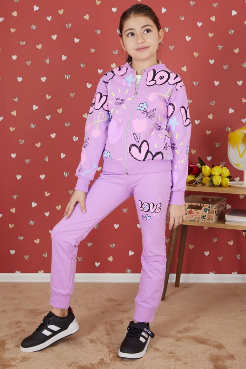 Lila Love Baskılı Hırkalı Kız Çocuk 3lü Takım 17418