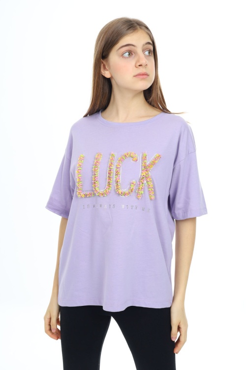 Lila Luck Yazılı Bisiklet Yaka Kız Tişört 17803