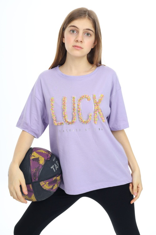 Lila Luck Yazılı Bisiklet Yaka Kız Tişört 17803