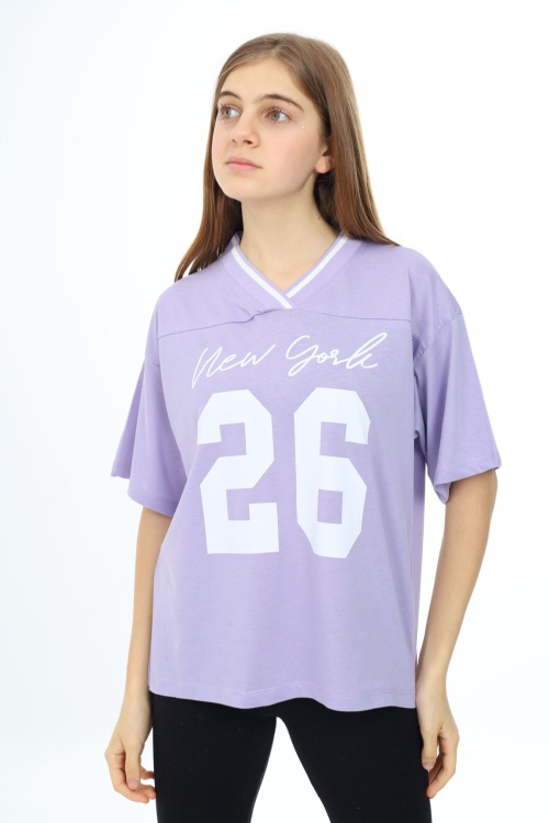 Lila Önü Yazılı V Yaka Kız Oversize Tişört 17808