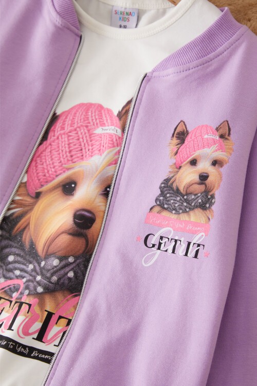 Lila Sevimli Köpek Baskılı Hırkalı Kız Çocuk 3lü Takım 17434