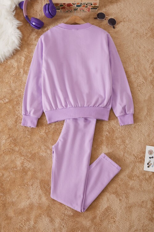 Lila Sevimli Köpek Baskılı Hırkalı Kız Çocuk 3lü Takım 17434