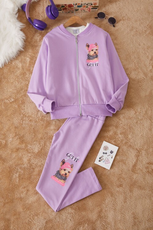 Lila Sevimli Köpek Baskılı Hırkalı Kız Çocuk 3lü Takım 17434