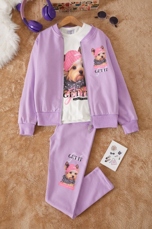 Lila Sevimli Köpek Baskılı Hırkalı Kız Çocuk 3lü Takım 17434