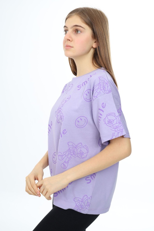 Lila Smile Baskılı Bisiklet Yaka Kız Çocuk T-shirt 17764