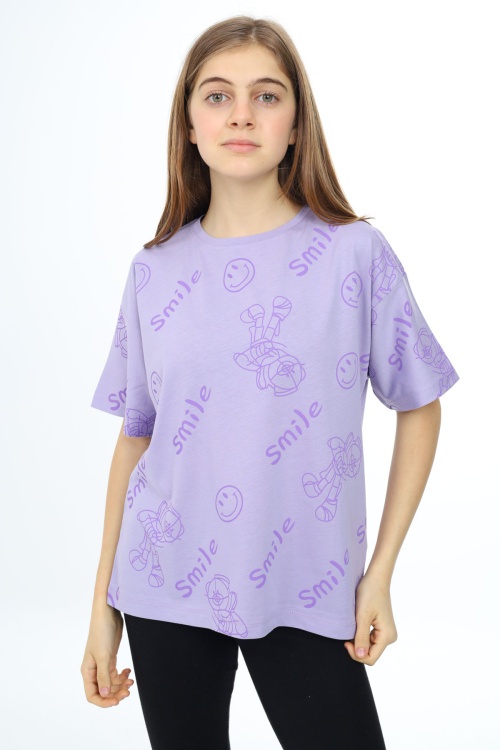 Lila Smile Baskılı Bisiklet Yaka Kız Çocuk T-shirt 17764