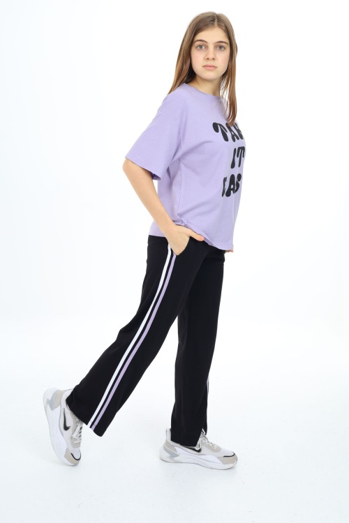 Lila Yazı Baskılı Kısa Kollu Kız Çocuk Takım 17955