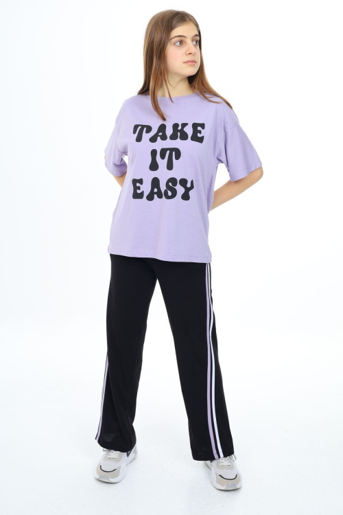 Lila Yazı Baskılı Kısa Kollu Kız Çocuk Takım 17955