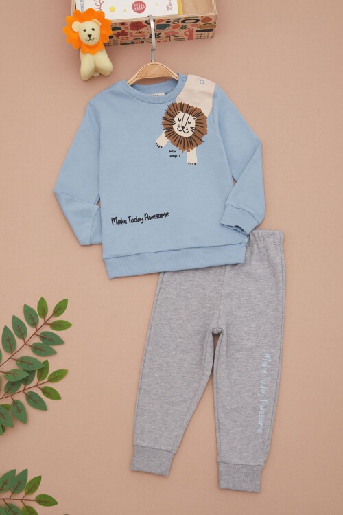 Mavi Aslan Baskılı Yazılı Erkek Bebek Takımı 17397