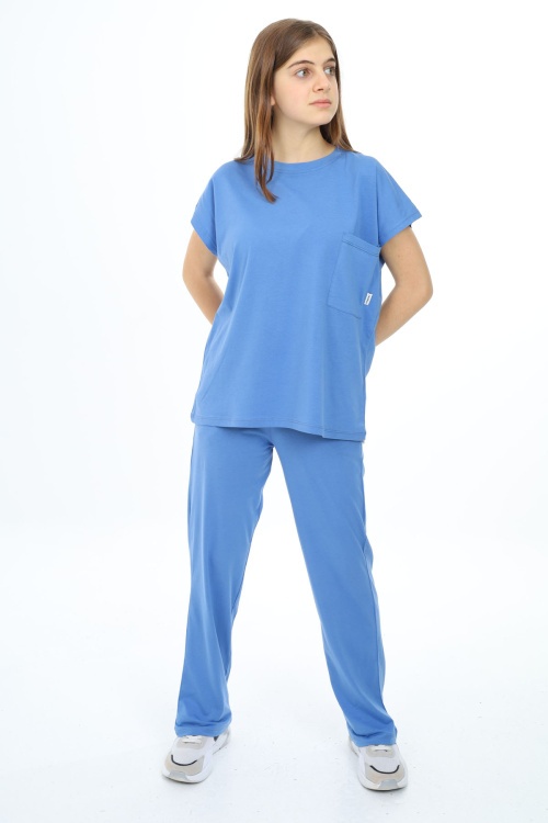 Mavi Cep Detaylı Kız Çocuk Takım 17918