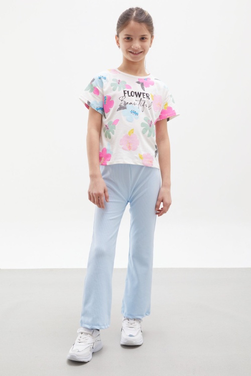 Mavi Çiçek Baskılı İspanyol Paça Fitilli Taytlı Kız Çocuk Takım 17998