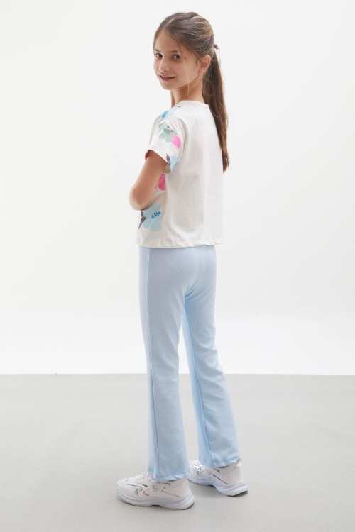 Mavi Çiçek Baskılı İspanyol Paça Fitilli Taytlı Kız Çocuk Takım 17998