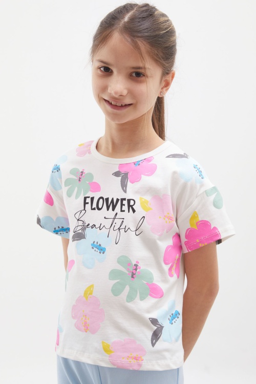 Mavi Çiçek Baskılı İspanyol Paça Fitilli Taytlı Kız Çocuk Takım 17998