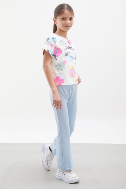 Mavi Çiçek Baskılı İspanyol Paça Fitilli Taytlı Kız Çocuk Takım 17998