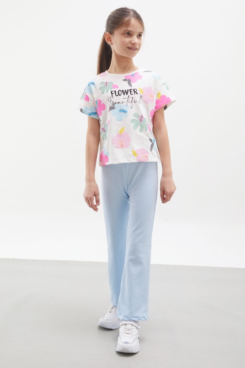 Mavi Çiçek Baskılı İspanyol Paça Fitilli Taytlı Kız Çocuk Takım 17998