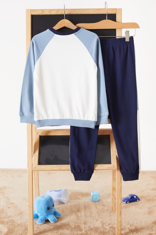 Mavi Kanguru Cepli Şeritli Erkek Çocuk Eşofman Takımı 17546