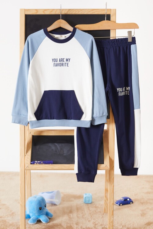 Mavi Kanguru Cepli Şeritli Erkek Çocuk Eşofman Takımı 17546