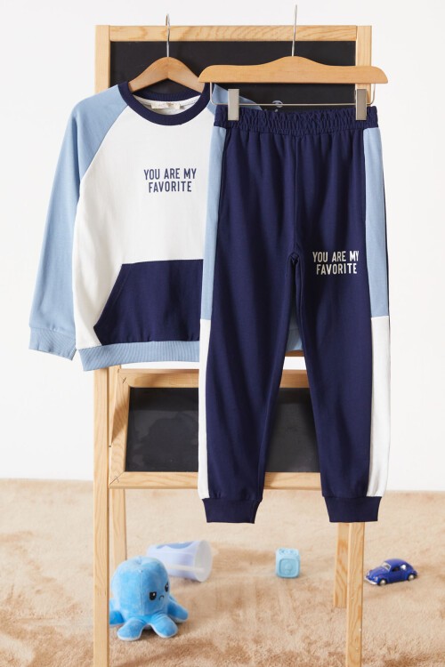 Mavi Kanguru Cepli Şeritli Erkek Çocuk Eşofman Takımı 17546