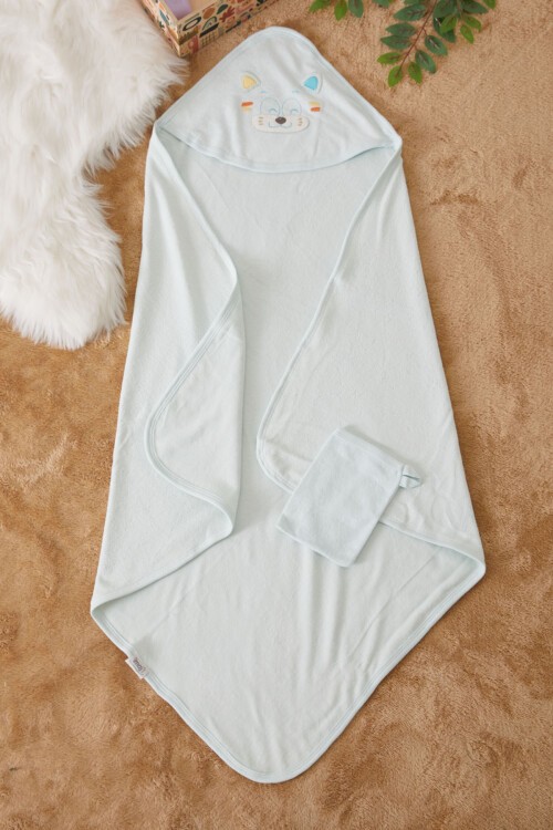 Mavi Kaplan Nakışlı Keseli Erkek Bebek Havlu 17492