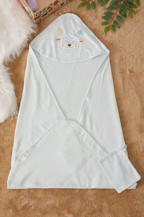 Mavi Kaplan Nakışlı Keseli Erkek Bebek Havlu 17492