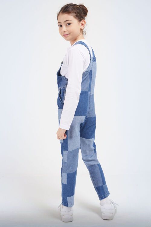 Mavi Kare Desenli Kız Çocuk Jean Salopet Tulum 17612