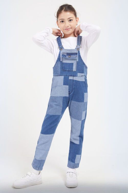 Mavi Kare Desenli Kız Çocuk Jean Salopet Tulum 17612