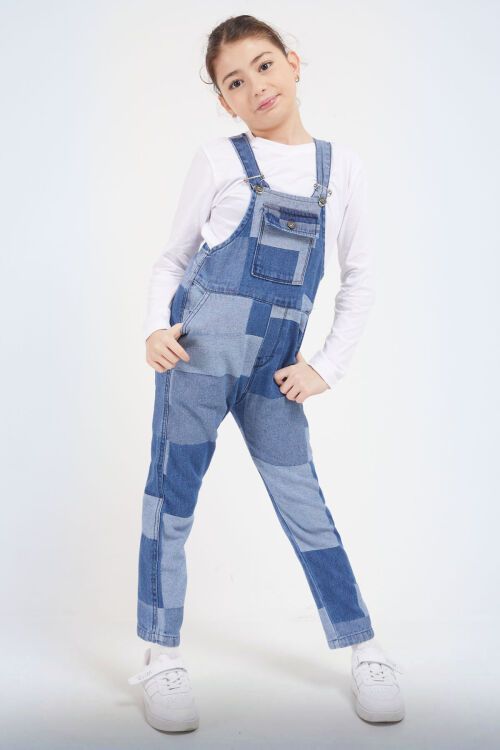 Mavi Kare Desenli Kız Çocuk Jean Salopet Tulum 17612