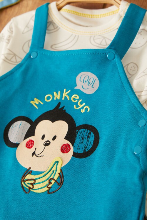 Mavi Maymun Baskılı Badili Erkek Bebek Tulum Takımı 17496