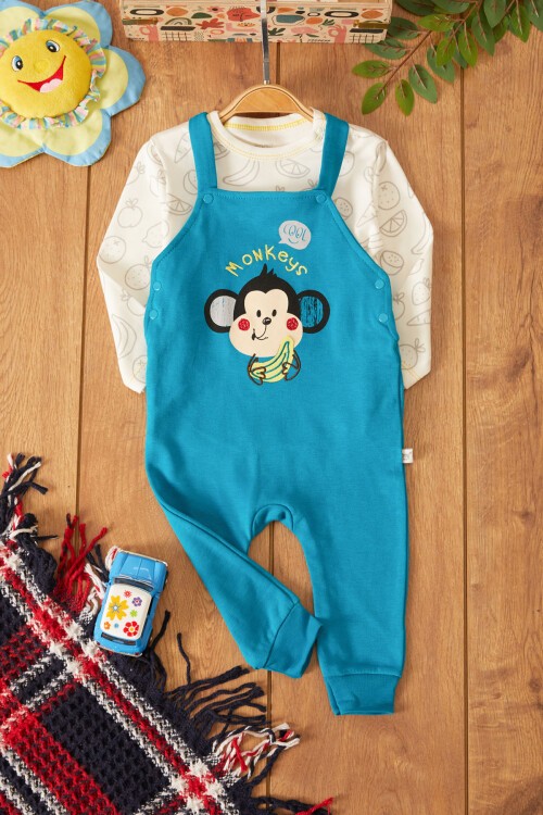 Mavi Maymun Baskılı Badili Erkek Bebek Tulum Takımı 17496