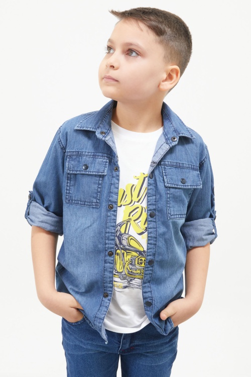 Mavi Ride Baskılı Jean Gömlekli T-shirt Erkek Çocuk 2li Takım 17567