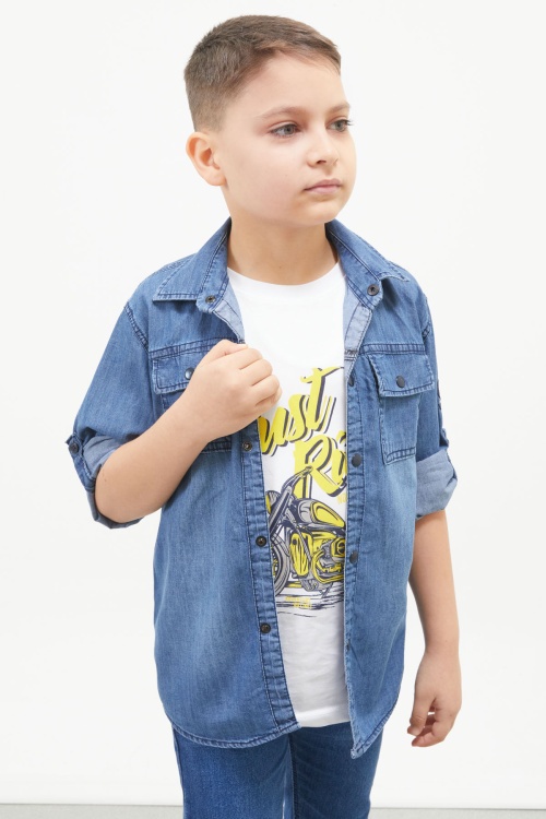 Mavi Ride Baskılı Jean Gömlekli T-shirt Erkek Çocuk 2li Takım 17567