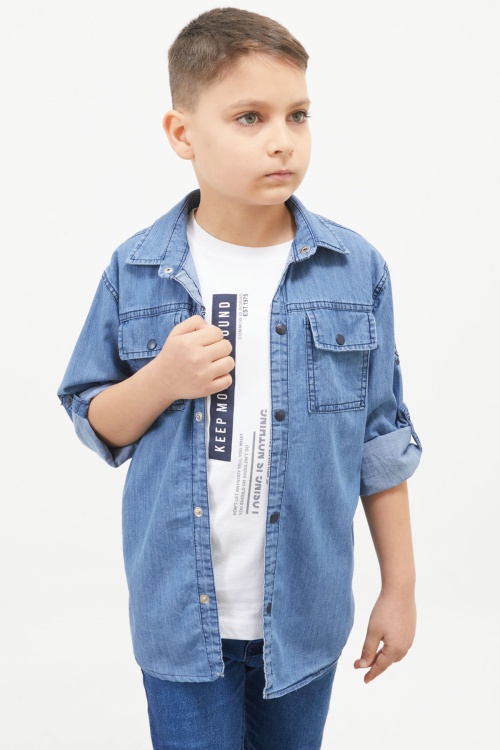 Mavi Şerit Yazılı Tişörtli Jean Gömlek Erkek Çocuk 2li Takım 17655