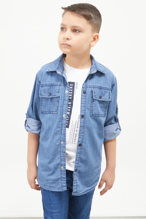 Mavi Şerit Yazılı Tişörtli Jean Gömlek Erkek Çocuk 2li Takım 17655