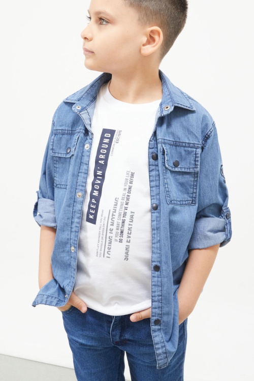 Mavi Şerit Yazılı Tişörtli Jean Gömlek Erkek Çocuk 2li Takım 17655