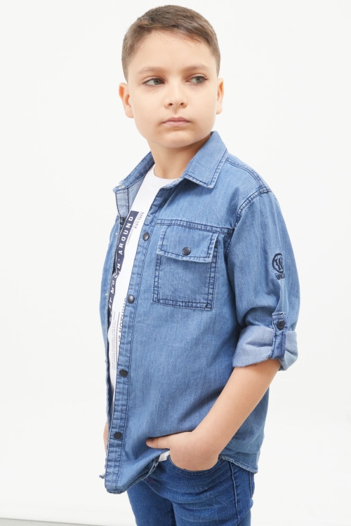 Mavi Şerit Yazılı Tişörtli Jean Gömlek Erkek Çocuk 2li Takım 17655