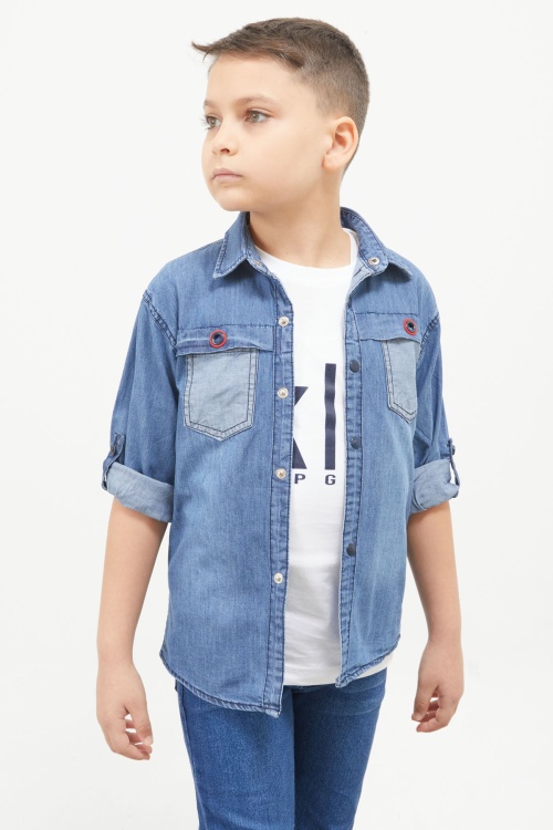 Mavi Yazı Baskılı Jean Gömlekli T-shirt Erkek Çocuk 2li Takım 17566