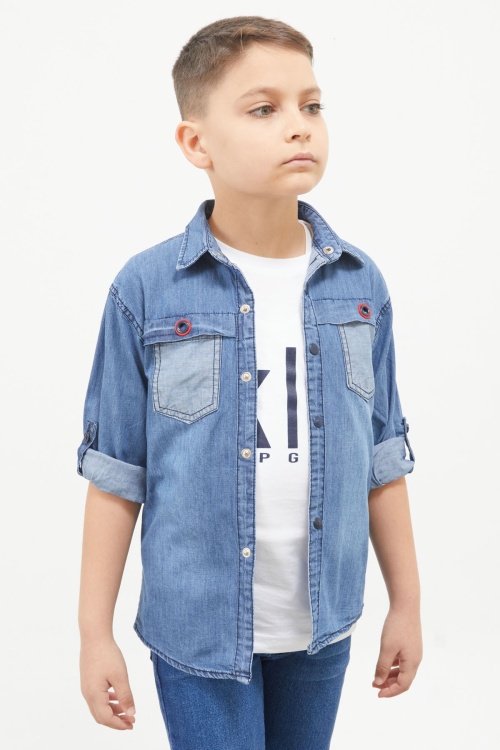 Mavi Yazı Baskılı Jean Gömlekli T-shirt Erkek Çocuk 2li Takım 17566