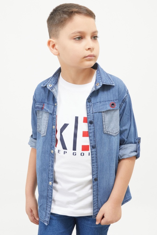 Mavi Yazı Baskılı Jean Gömlekli T-shirt Erkek Çocuk 2li Takım 17566