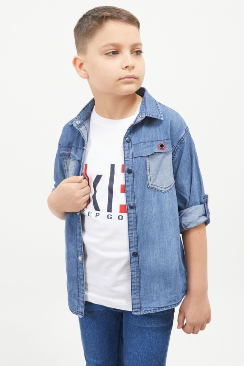 Mavi Yazı Baskılı Jean Gömlekli T-shirt Erkek Çocuk 2li Takım 17566