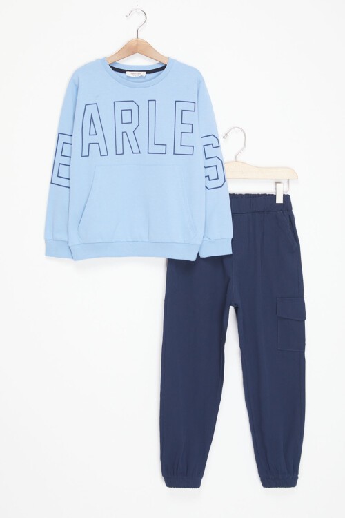 Mavi Yazı Baskılı Kargo Cepli Pantolonlu Erkek Çocuk Takım 17438