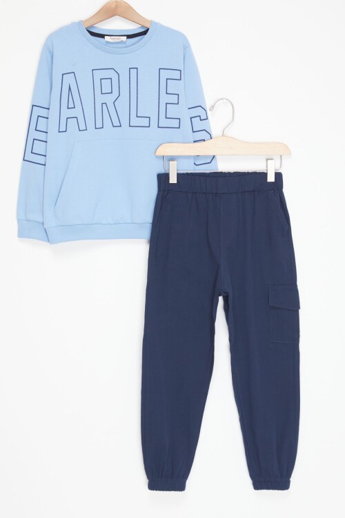 Mavi Yazı Baskılı Kargo Cepli Pantolonlu Erkek Çocuk Takım 17438