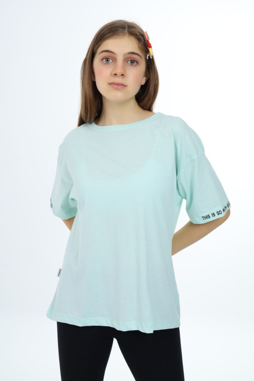 Mint Düz Bisiklet Yaka Kız Tişört 18032