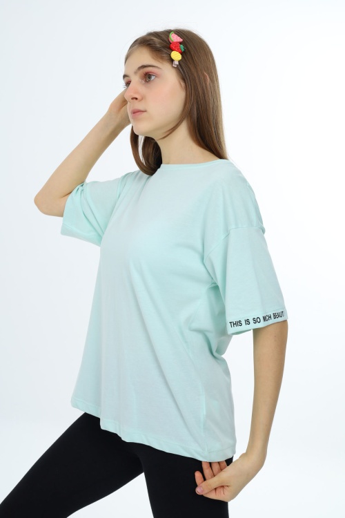 Mint Düz Bisiklet Yaka Kız Tişört 18032