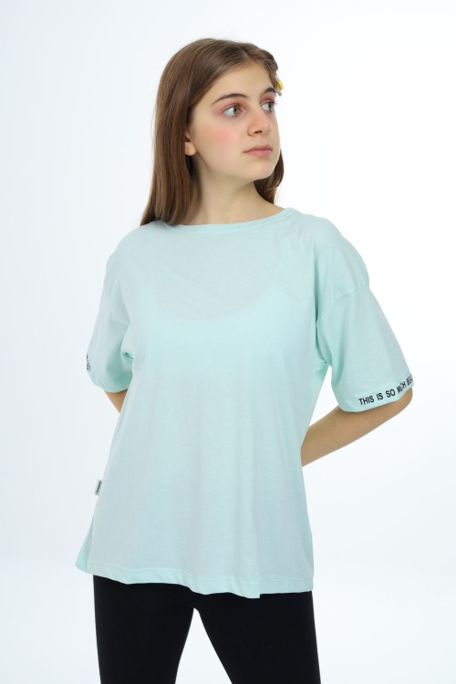 Mint Düz Bisiklet Yaka Kız Tişört 18032