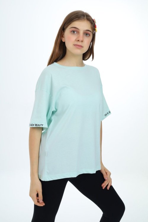 Mint Düz Bisiklet Yaka Kız Tişört 18032