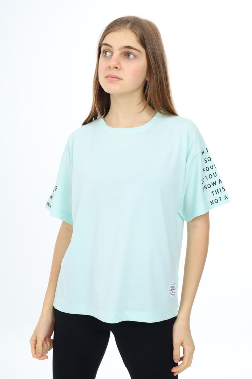 Mint Kolları Yazı Baskılı Armalı Kız Çocuk Basic Tişört 17797