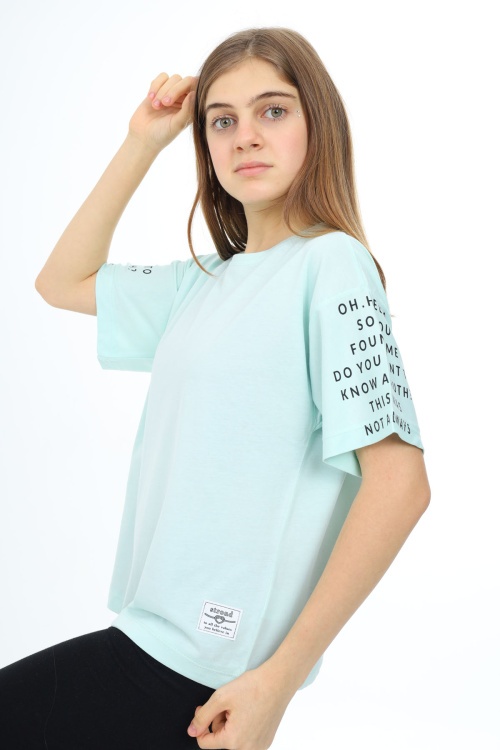 Mint Kolları Yazı Baskılı Armalı Kız Çocuk Basic Tişört 17797