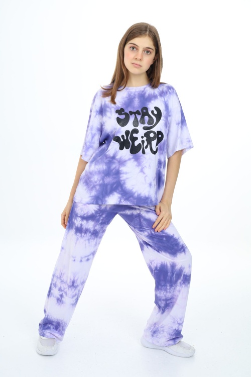 Mor Batik Desenli Kısa Kollu Kız Çocuk Takım 17947