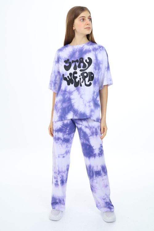 Mor Batik Desenli Kısa Kollu Kız Çocuk Takım 17947